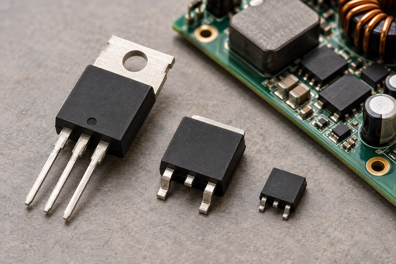 Illustrative discrete power semiconductor packages beside a power circuit board