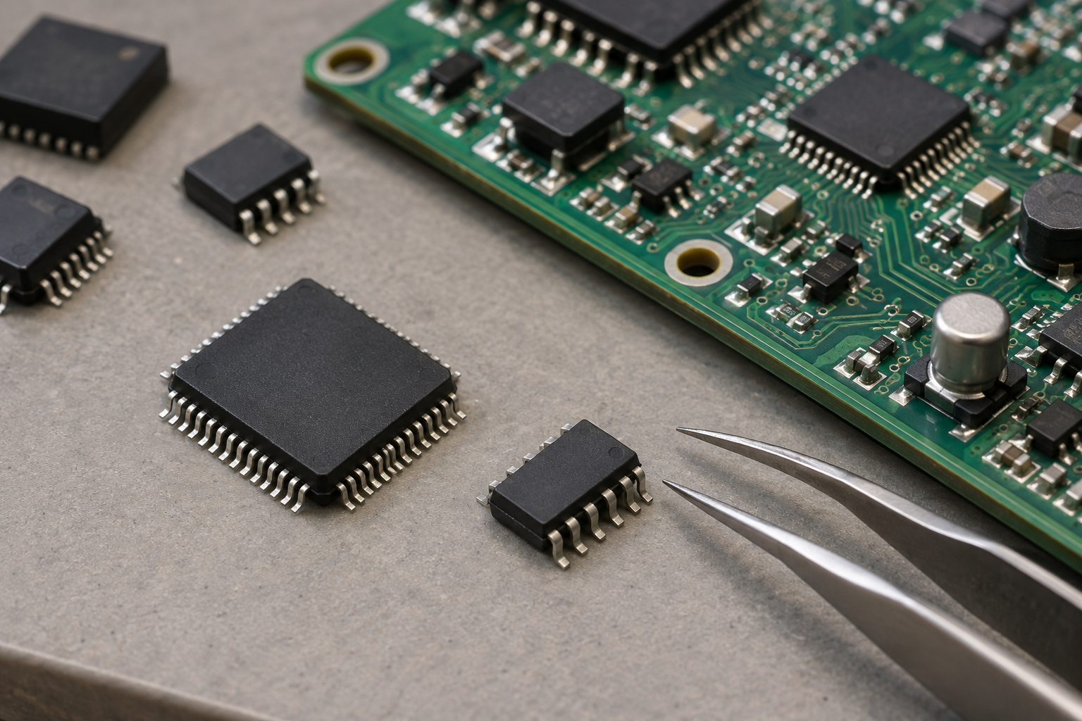 Illustrative IC packages and a circuit board used for component comparison