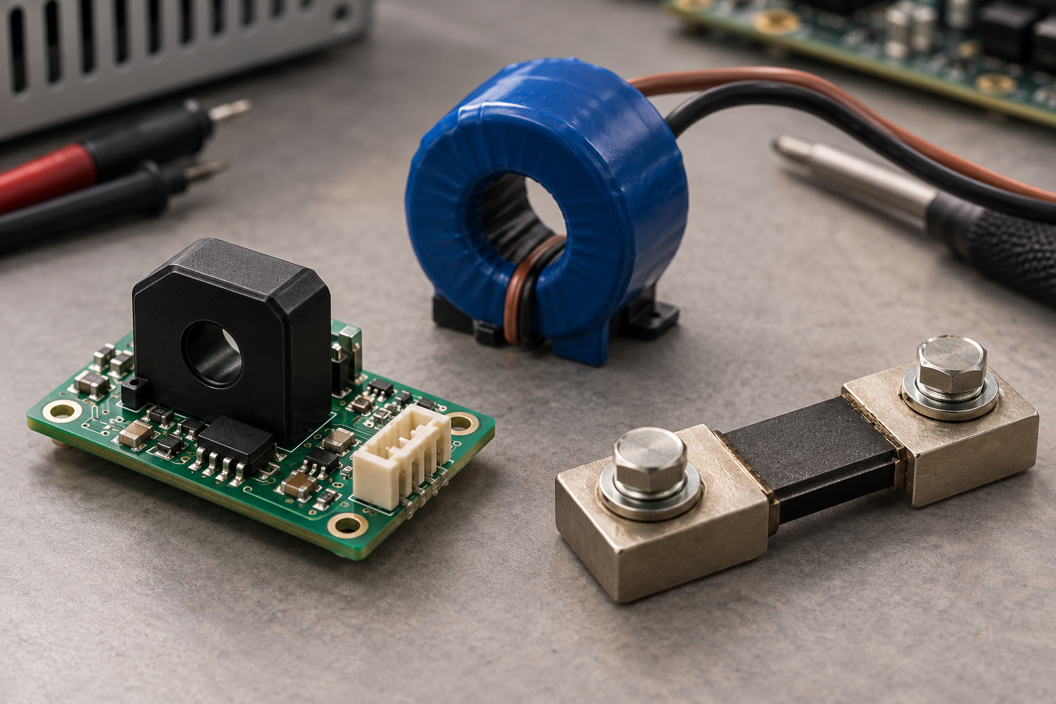 Illustrative Hall current sensor, current transformer and shunt resistor